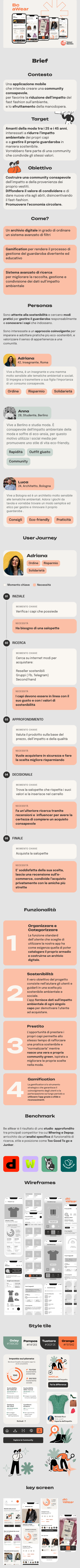 Case study Be aWear: brief, target, obiettivo, persona, user journey, funzionalità, benchmark, wireframe, style tile e key screen dell'app di condivisione abiti