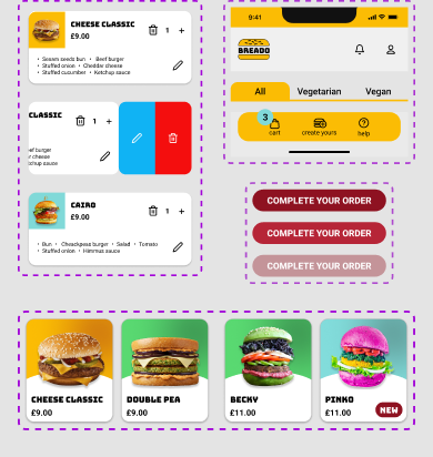 Componenti UI: card prodotto, stati dei bottoni, navbar con categorie, griglia panini