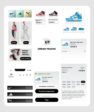 Componenti UI: card prodotto, filtri per brand, badge sconto, schede sneakers