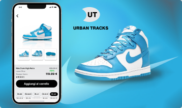 Anteprima dell'app Urban Tracks: schermata prodotto e scarpa Nike Dunk High in primo piano