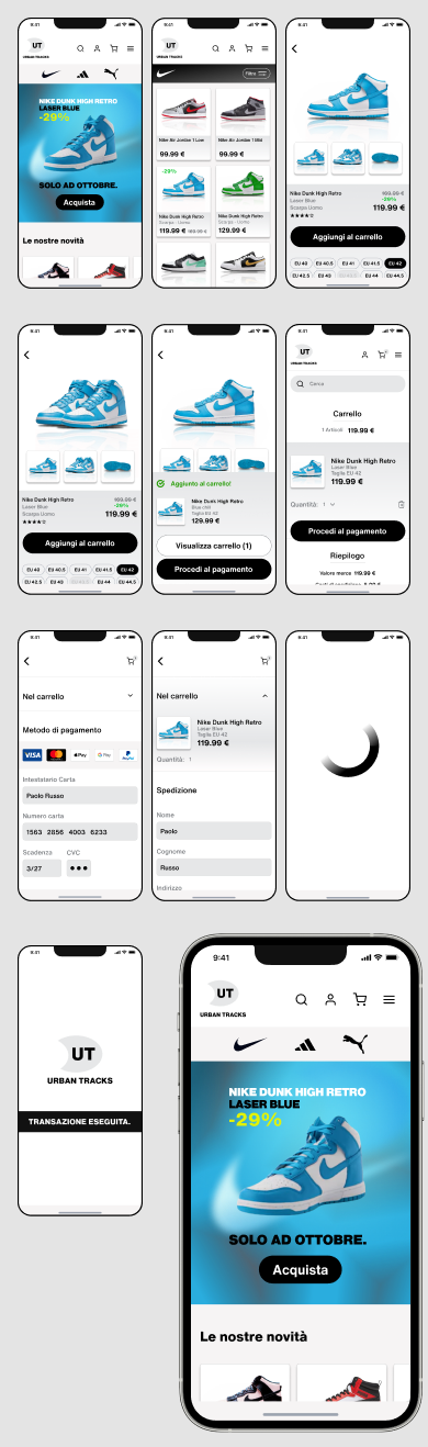 Schermate complete dell'app: home, prodotto, carrello, checkout e conferma d'ordine